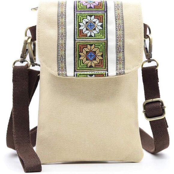 Women's Khaki Vintage Embroidered Cute Mini Cross Body Bag Small Handbags - Picture 1 of 6